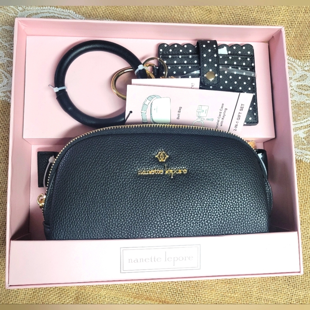 Nanette lepore 2 piece gift Set black belt bag-black w/polka